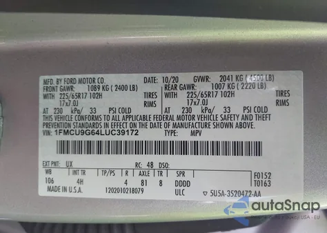 2020 Ford Escape Se from USA, damaged, VIN 1FMCU9G64LUC39172